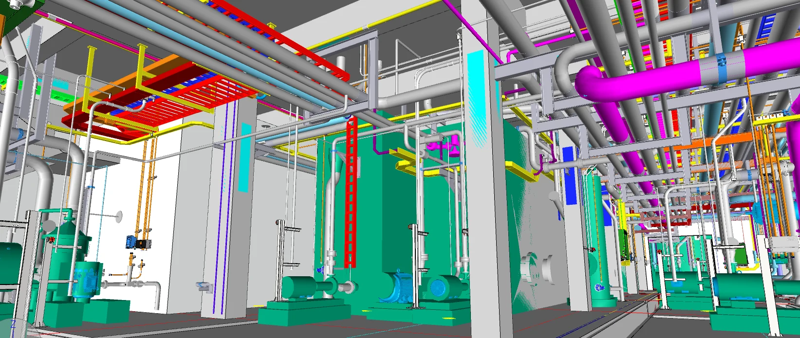 Modelo 3D com rotas de instalações e interfaces com estruturas, tubulações e equipamentos