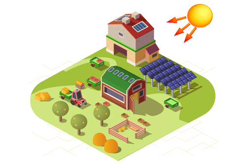 Desenho sobre a energia solar para agronegócio. Painéis em uma fazenda tradicional.