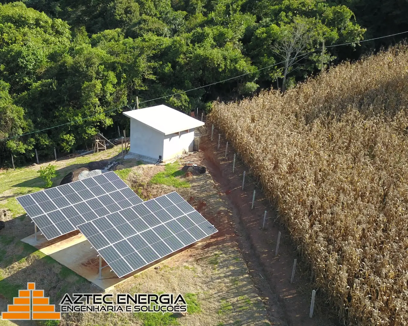 Instalação de painéis fotovoltaicos em solo, ao lado de uma plantação.