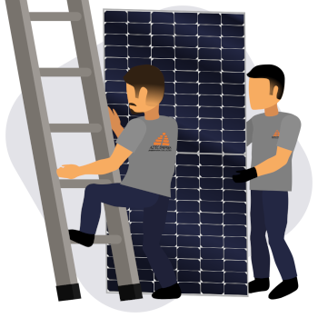 Ilustração dos instaladores se preparando para instalar um painel de energia solar fotovoltaica. Oferecemos essas instalações em tamanho residencial, comercial, industrial, e também para agronegócios e condomínios.